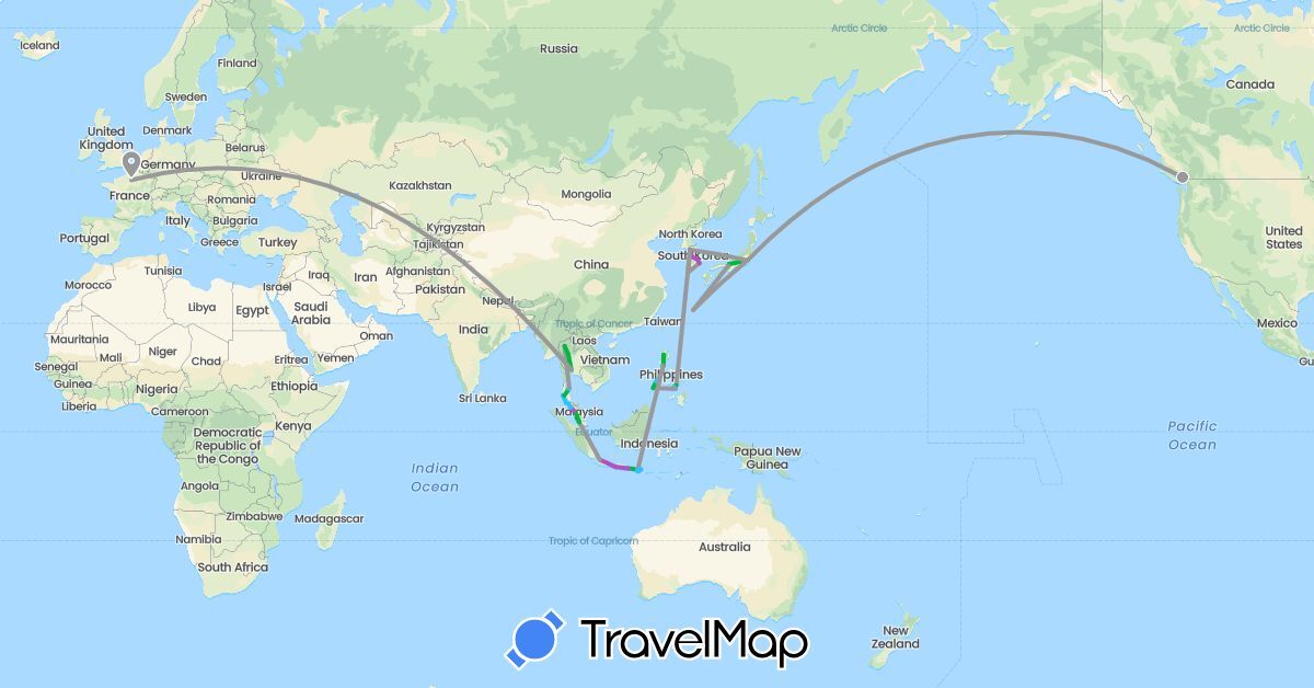 TravelMap itinerary: driving, bus, plane, train, boat in Canada, France, Indonesia, Japan, South Korea, Malaysia, Philippines, Thailand (Asia, Europe, North America)
